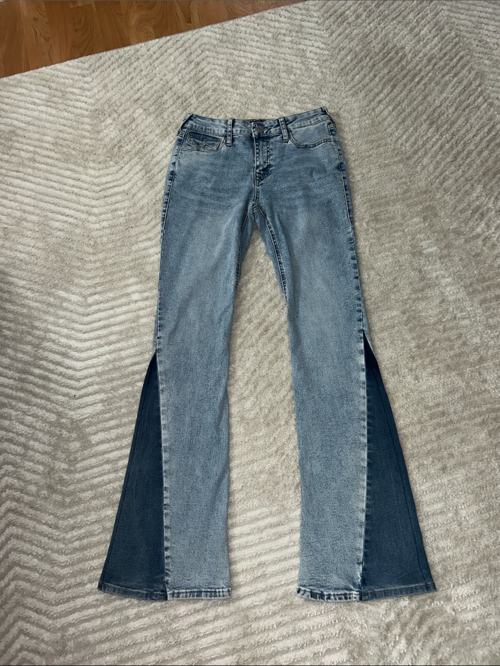True Religion Two-Tone Light and Dark Blue Flare Jeans